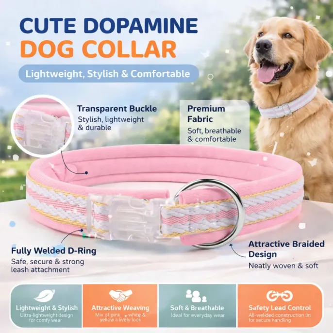 Cute Dopamine Dog Collar Lightweight Comfortable Pet Collar Wholesale lightweight dopamine dog collar with soft fabric transparent buckle and braided design