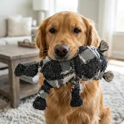 Golden Retriever Holding Plush Hippo A Golden Retriever dog happily holding the black and white plush hippo toy in its mouth.