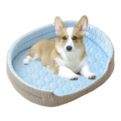 corgi lying on blue cooling pet bed breathable washable dog bed summer