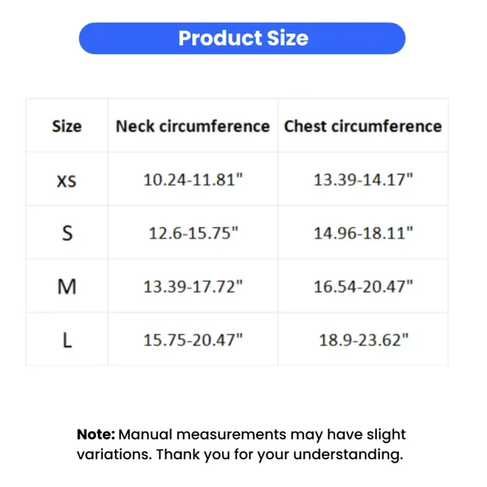 dog harness size chart neck chest measurement XS S M L small medium dogs