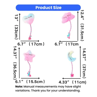 plush rope dog toy size dimensions chart heart cloud star moon measurements