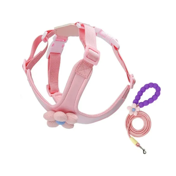 pink dog harness set breathable adjustable with flower decoration leash