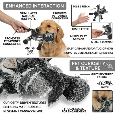 Interactive Dog Toy Benefits Infographic Infographic showing a Golden Retriever playing with the toy, highlighting dental health and textures.