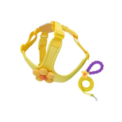 Yellow Flower Dog Harness and Leash Set Wholesale | Petfairs yellow dog harness set with flower decoration leash adjustable breathable