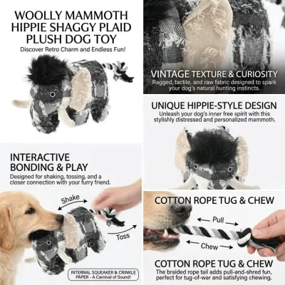 Interactive Mammoth Dog Toy Features Infographic Infographic showing mammoth dog toy features: cotton rope tug, internal squeaker, crinkle paper, and shaggy plaid fabric.