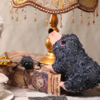 A collection of hippie style plush toys including a mole and a green chameleon on a vintage background.