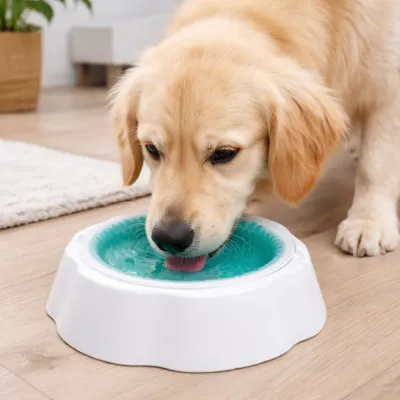 Cooling Dog Bowl Indoor Use – Dog Drinking Water Bowl | Petfairs dog drinking from cooling pet bowl indoor summer hydration solution
