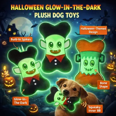 Promotional image showing the plush toys glowing neon green in the dark with "Squeaky Inner" and "Bone Shape" labels.