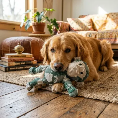 A Golden Retriever dog happily lounging with the green shaggy plush monkey toy at home.