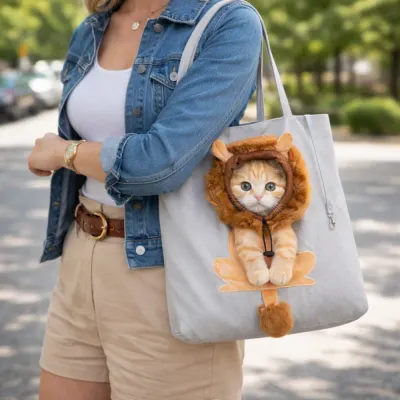 Image Title: Woman Carrying Cartoon Lion Pet Carrier Bag Outdoor | Petfairs woman carrying cute cat in lion pet carrier tote bag outdoor lifestyle scene