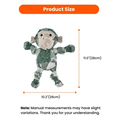 Product dimensions for the monkey dog toy: 11.0" (28cm) height and 10.2" (26cm) width.