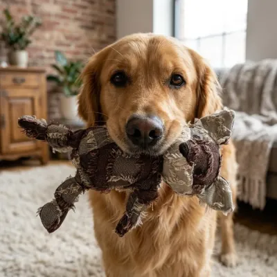Golden Retriever with Fox Toy Lifestyle shot of a Golden Retriever dog happily holding the Shaggy Fox plush toy in its mouth.