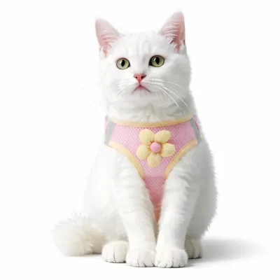 Cute Cat Wearing Pink Pet Harness Vest with Flower Design white cat wearing pink breathable pet harness vest with flower decoration soft adjustable cat harness