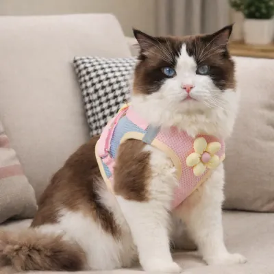 Cat Wearing Comfortable Pet Harness Indoors Soft Breathable Vest cat wearing soft breathable pet harness vest indoors comfortable adjustable harness for cats home use