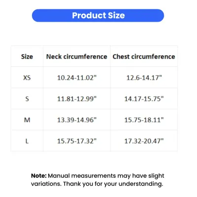 dog harness size chart with neck and chest measurements for small medium dogs
