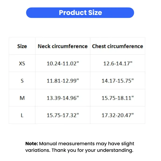 dog harness size chart with neck and chest measurements for small medium dogs