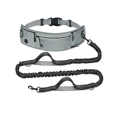 Grey Hands-Free Dog Running Leash Belt with Storage Pouch | Petfairs Wholesale grey hands free dog leash belt with pouch adjustable waist running leash