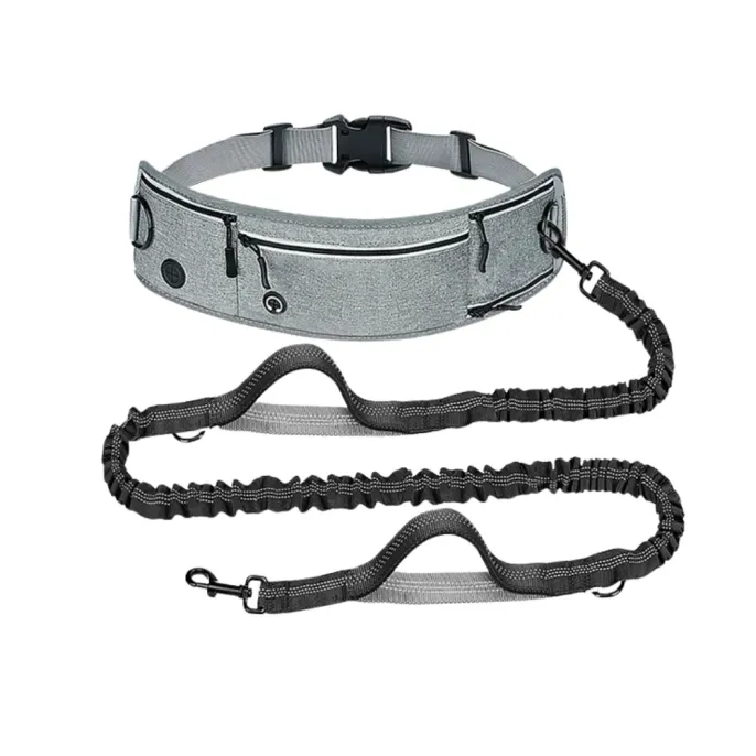 grey hands free dog leash belt with pouch adjustable waist running leash