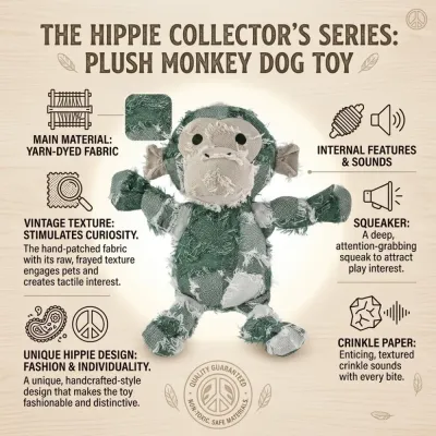 Infographic showing yarn-dyed fabric, internal squeaker, and crinkle paper features of the monkey toy.