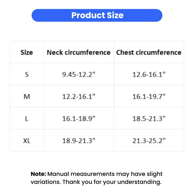 dog harness size chart with neck and chest measurements for small medium large dogs