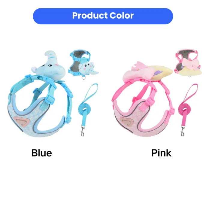 dog harness and leash set with plush toy in blue and pink color options for small dogs