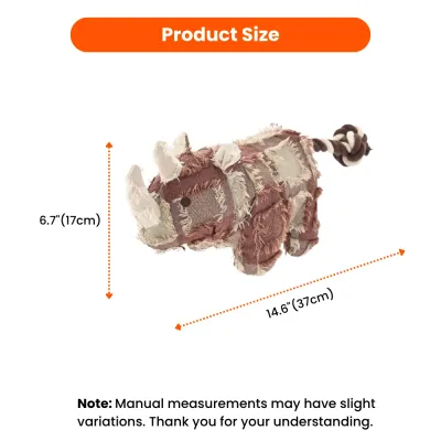Product size chart for rhinoceros dog toy showing 14.6 inches length and 6.7 inches height.