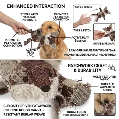 Fox Toy Interaction & Craftsmanship Infographic showing a dog playing with the fox toy and a close-up of the rough canvas burlap weave.