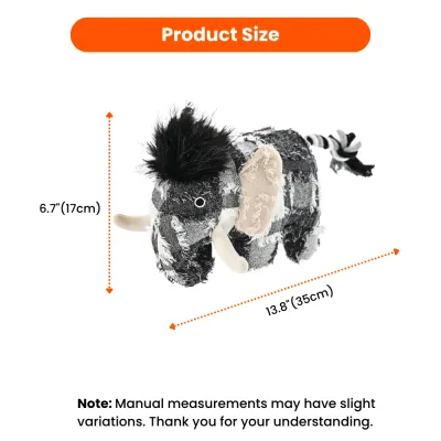 Plush Mammoth Dog Toy Dimensions Size Chart Product size chart for mammoth dog toy: 13.8 inches (35cm) in length and 6.7 inches (17cm) in height.