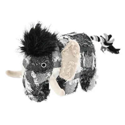Woolly Mammoth Shaggy Plaid Dog Toy White Background High end shaggy plaid woolly mammoth plush dog toy with cotton rope tail and vintage fabric textures.