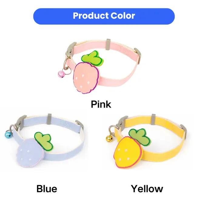 Strawberry Cat Collar Colors Pink Blue Yellow | Wholesale Pet Collars strawberry cat collar available in pink blue and yellow adjustable pet collar with bell