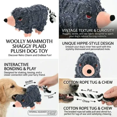 Infographic explaining mole dog toy features including internal squeaker crinkle paper and cotton rope tug tail.