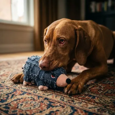 A dog engaging in interactive play and biting a shaggy mole plush toy to demonstrate durability and bonding.