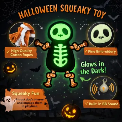 Halloween Squeaky Dog Toy Glow in Dark Plush Rope Toy with BB Sound glow in the dark skeleton dog toy with squeaky sound and cotton rope limbs