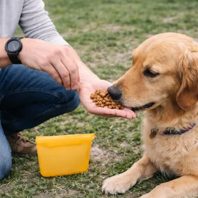 dog eating kibble from hand outdoor with silicone treat pouch portable pet training snack bag