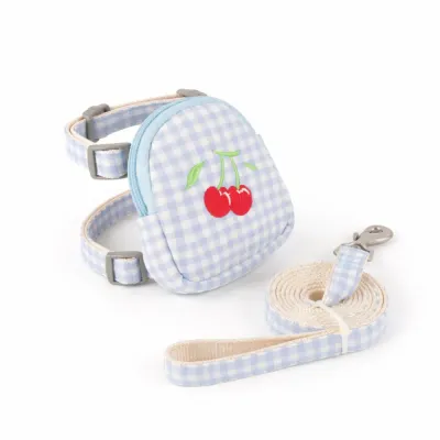 Blue Fruit Dog Harness with Cherry Pouch Wholesale Pet Harness Set blue dog harness with cherry embroidery pouch and matching leash wholesale dog harness set