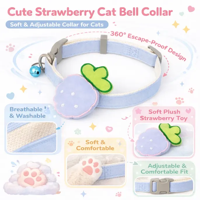 Soft Adjustable Strawberry Cat Bell Collar Breathable Washable Design soft breathable cat collar with bell plush strawberry design adjustable safety buckle