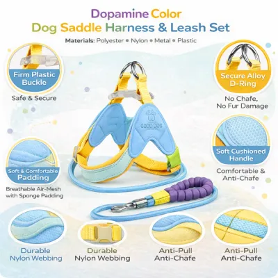 Dopamine Dog Harness and Leash Set Features Overview dopamine color dog harness and leash set soft padded breathable anti pull no choke dog harness wholesale