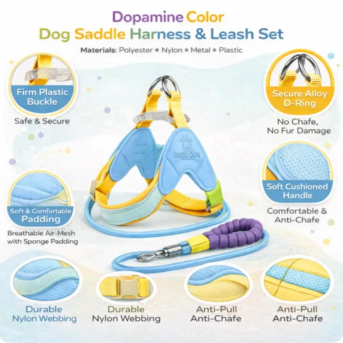Dopamine Dog Harness and Leash Set Features Overview dopamine color dog harness and leash set soft padded breathable anti pull no choke dog harness wholesale