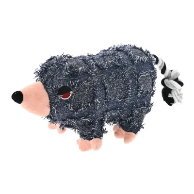 Shaggy blue patchwork mole plush dog toy with a pink snout and a braided cotton rope tail on a white background.