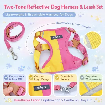Alt: two tone reflective dog harness with breathable fabric secure buckle and leash