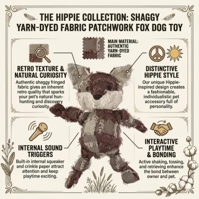 Shaggy Fox Toy Feature Map Feature diagram of the Fox dog toy highlighting the main material, sound triggers, and hippie style.