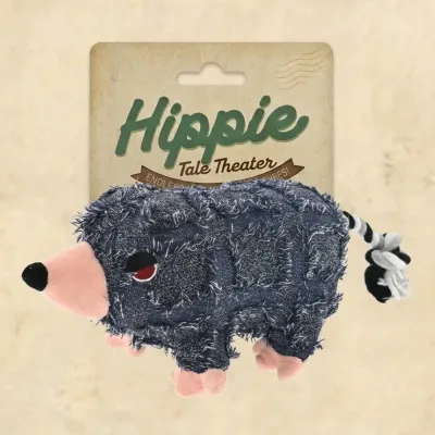 Hippie Tale Theater branded mole plush dog toy with vintage style eco friendly cardboard packaging.