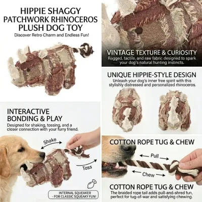 Infographic explaining rhinoceros dog toy features including internal squeaker cotton rope tail and vintage fabric.