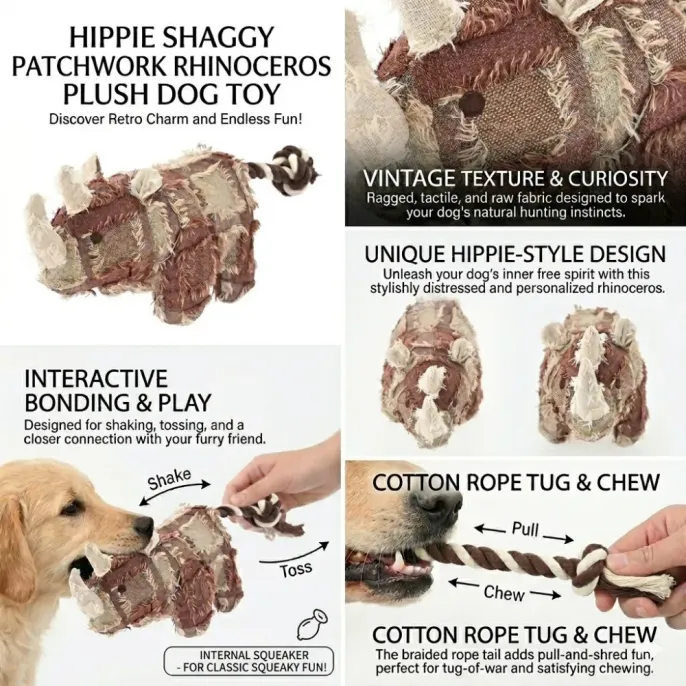 Interactive Rhinoceros Dog Toy Features Infographic Infographic explaining rhinoceros dog toy features including internal squeaker cotton rope tail and vintage fabric.