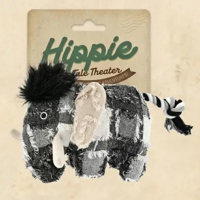 Hippie Tale Theater Mammoth Dog Toy Packaging Woolly Mammoth plush dog toy with Hippie Tale Theater branded eco friendly cardboard packaging.