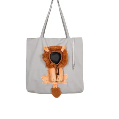 Grey Cartoon Lion Pet Carrier Tote Bag Detail | Petfairs grey cartoon lion pet carrier bag soft fabric breathable pet tote detail