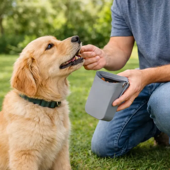 Dog Training Treat Pouch Portable Snack Bag Outdoor Walking man feeding dog using portable silicone treat pouch during outdoor training