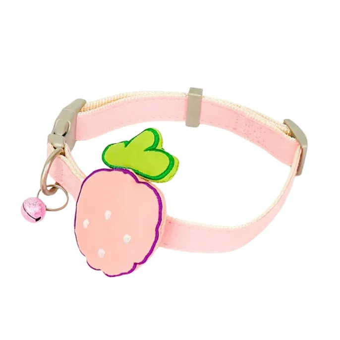 Pink Strawberry Cat Bell Collar Soft Adjustable Pet Collar Wholesale pink strawberry cat collar with bell adjustable soft fabric pet collar close up