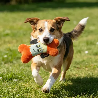 A happy dog running through green grass outdoors with the Frankenstein bone toy in its mouth.