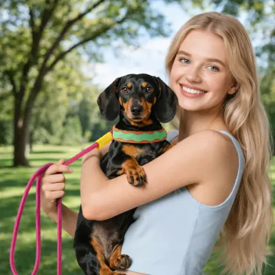 Small Dog Wearing Colorful Harness Outdoor Walking Scene small dog wearing colorful dog harness and leash set outdoor walking comfortable anti choke harness